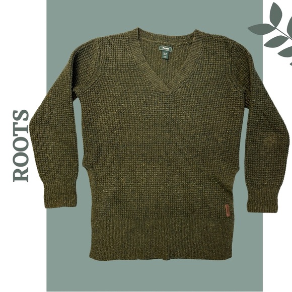 Roots Women’s Wool Blend Waffle Knit Green Long Sleeve Sweater Extra Small - Picture 1 of 7